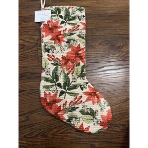 Nicole Miller 22" Metallic Christmas Holiday Stocking Poinsettias Red White Gree